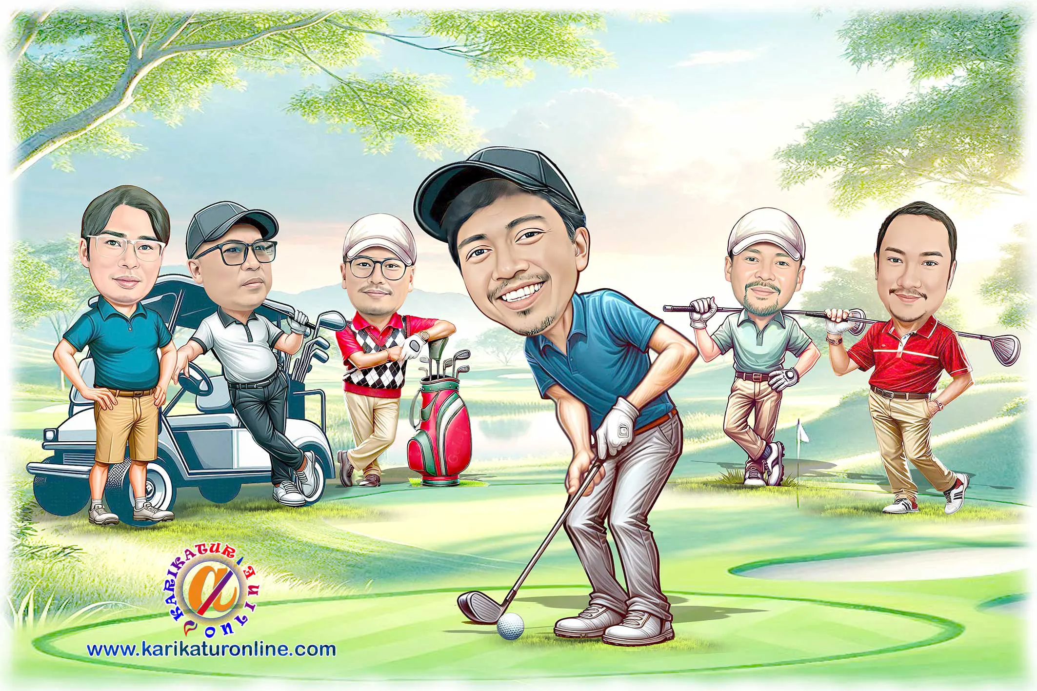 karikatur lucu dan bagus sedang main golf bersama teman