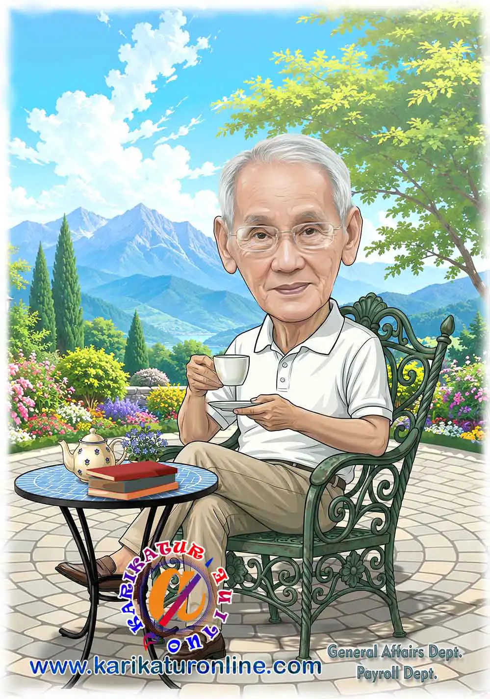 karikatur custom unik dan lucu untuk hadiah bos yang pensiun, digambar dari foto, dikirim lengkap dengan bingkai ke seluruh Indonesia